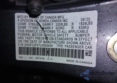 2020 Honda Civic Sport из США, поврежденный, VIN 2HGFC2F87LH590404